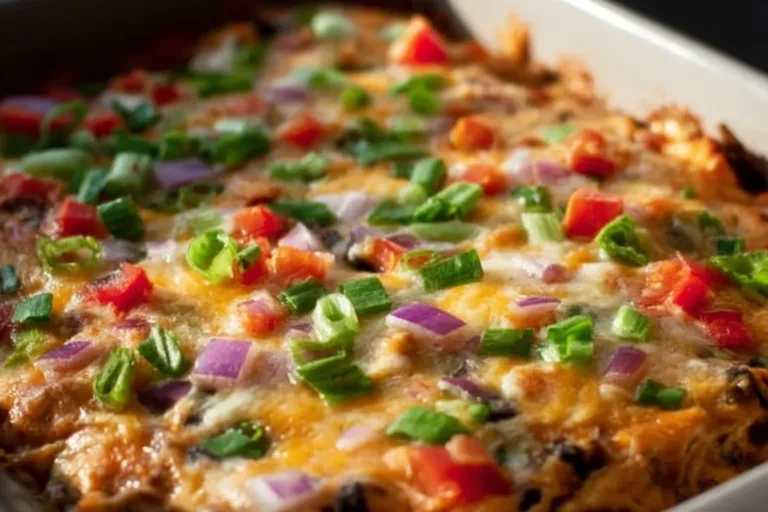Healthy Chicken Burrito Casserole topped with fresh ingredients in a baking dish
