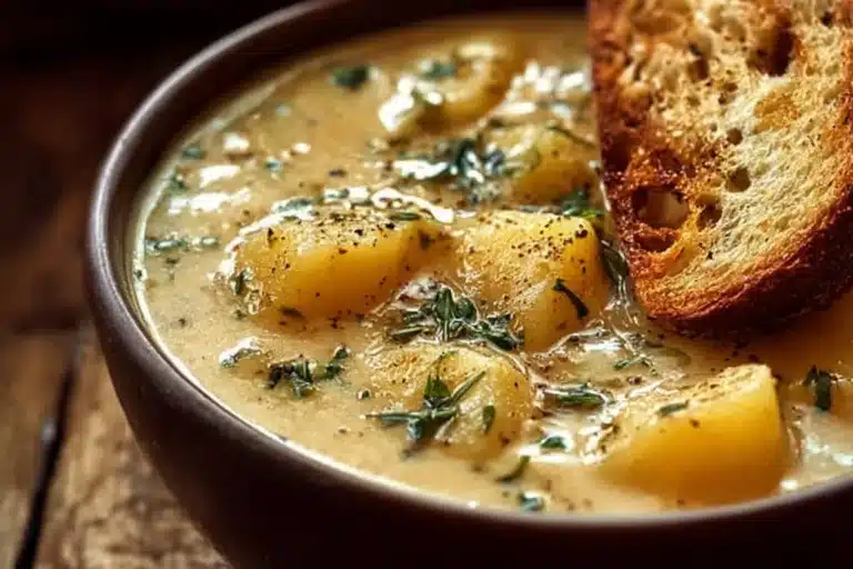 Bowl of creamy cheddar garlic herb potato soup topped with fresh herbs