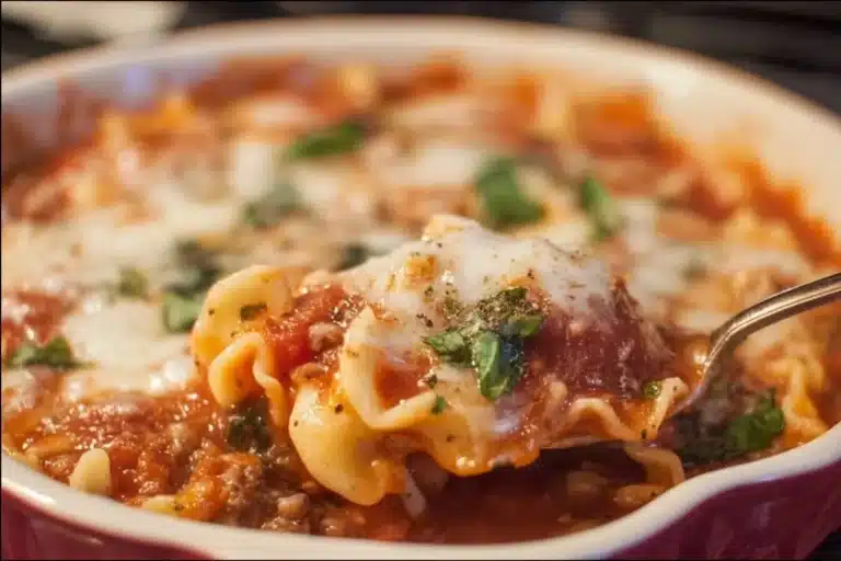 High protein lasagna soup with pasta, cheese, and herbs in a bowl
