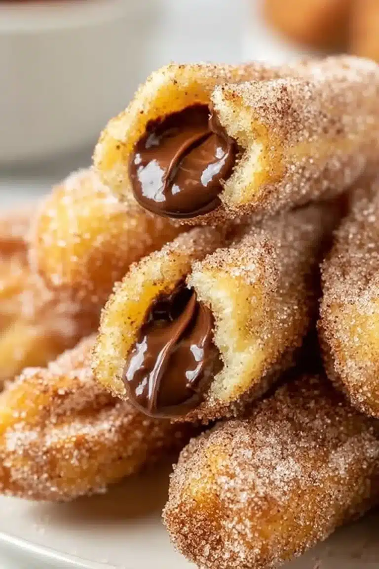 Homemade churro bites dusted with sugar and filled with Nutella