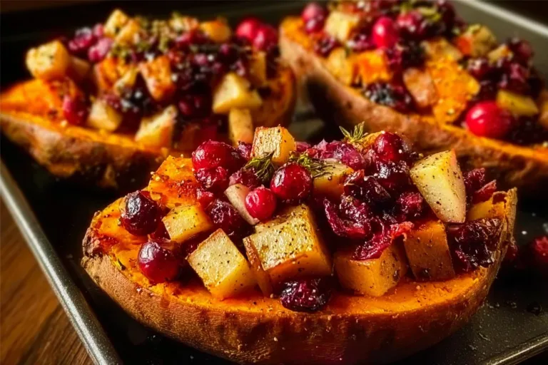 Cranberry apple twice-baked sweet potatoes topped with herbs and spices