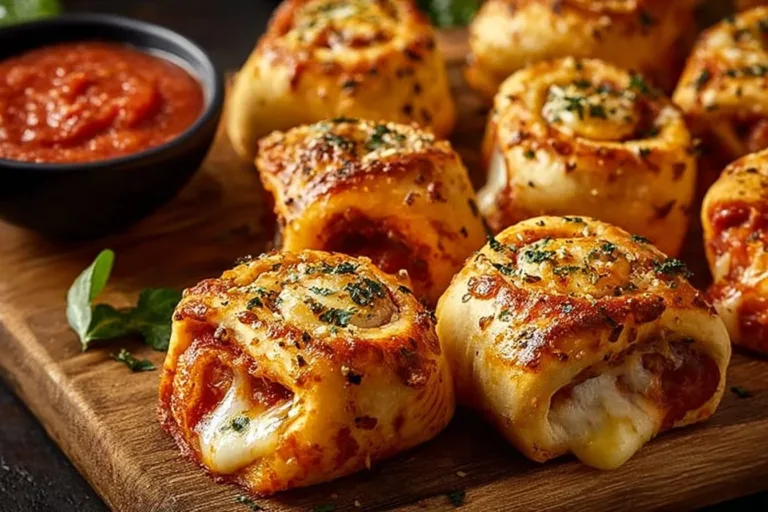 Flaky Mozzarella Pizza Rolls fresh out of the oven, golden and cheesy.