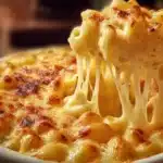 Creamy macaroni and cheese topped with golden breadcrumbs in a baking dish.