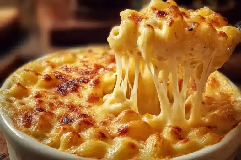 Creamy macaroni and cheese topped with golden breadcrumbs in a baking dish.