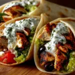 Mediterranean chicken gyros with creamy feta tzatziki served on a plate.