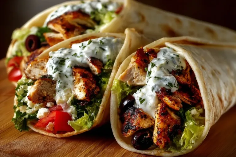 Mediterranean chicken gyros with creamy feta tzatziki served on a plate.