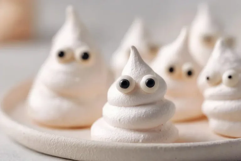 Two Meringue Ghost Cookies with spooky expressions on a white plate.