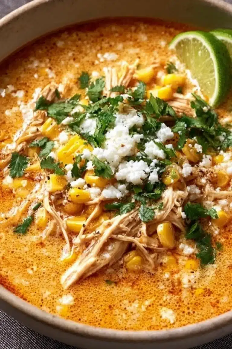 Bowl of Mexican street corn soup garnished with cilantro and lime.