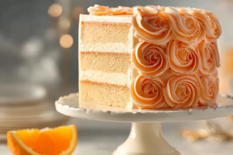 Moist orange layer cake decorated with fresh oranges and frosting