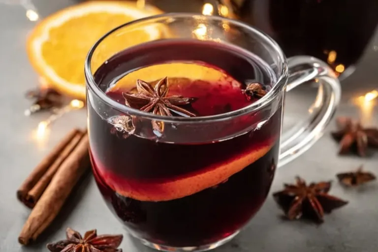A steaming mug of mulled wine garnished with spices and orange slices.