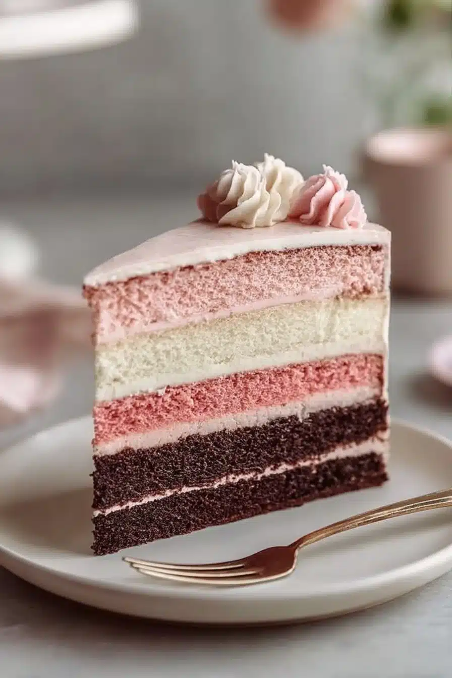 Slice of Neapolitan Cake with chocolate, vanilla, and strawberry layers
