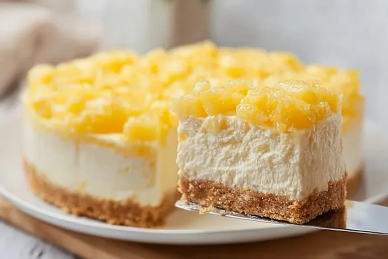 Delicious no bake pineapple cheesecake topped with fresh pineapple slices.