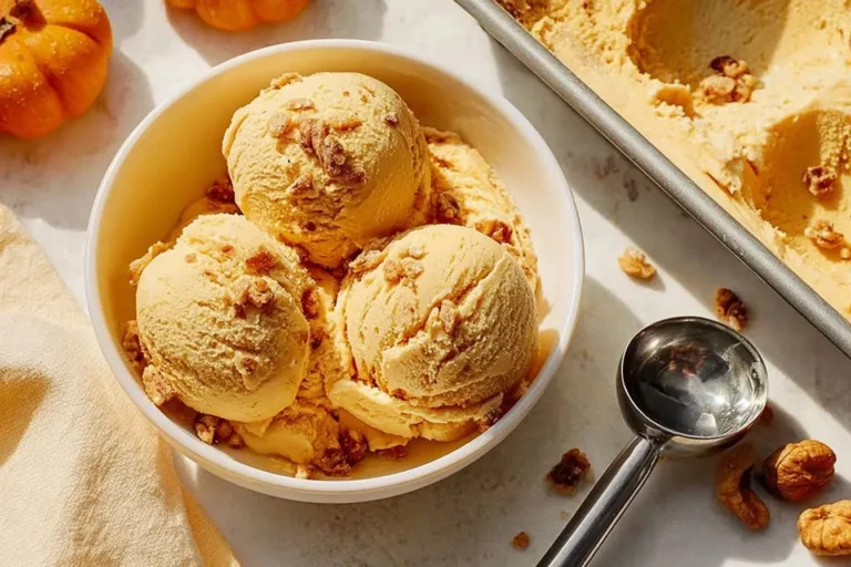 No-churn pumpkin pie ice cream in a bowl with a pumpkin decoration