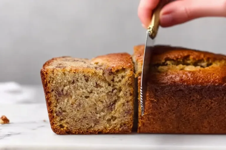 One Bowl Banana Bread fresh out of the oven with a slice cut.