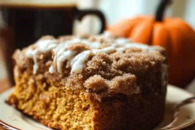 Delicious homemade pumpkin coffee cake with spices and coffee