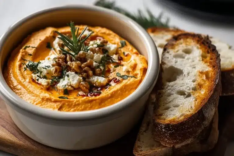 Pumpkin whipped feta dip served in a bowl with crackers and herbs