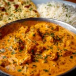 Delicious homemade butter chicken served with rice and naan bread