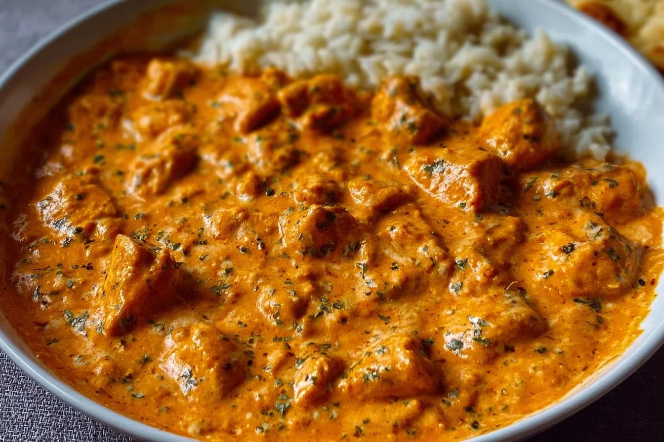 Delicious homemade butter chicken served with rice