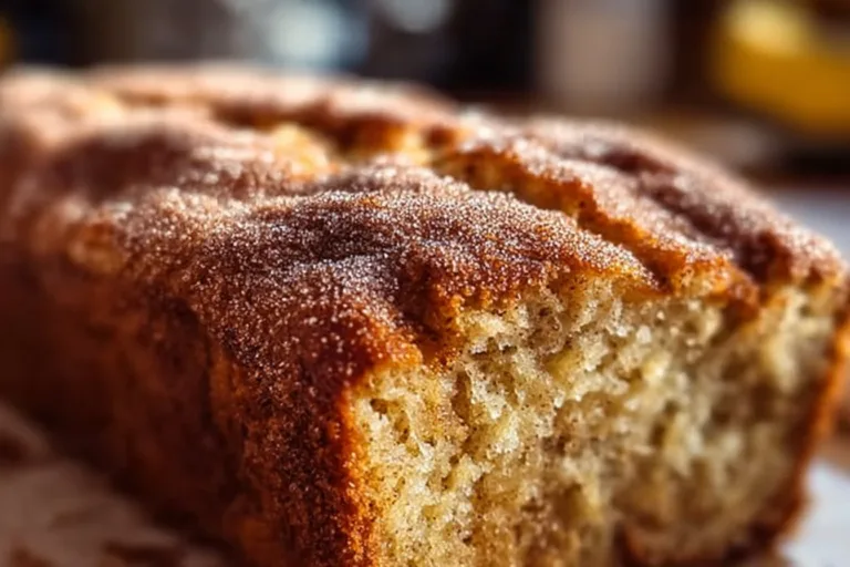 Delicious snickerdoodle banana bread topped with cinnamon sugar