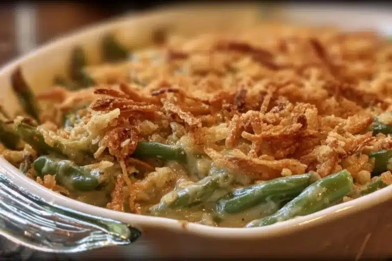 Delicious Southern-style green bean casserole served in a dish