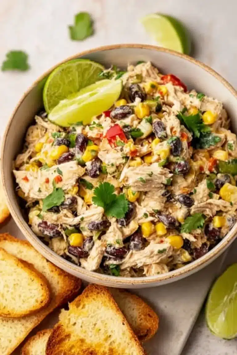 A colorful Southwest Chicken Salad with chicken, avocados, beans, and vegetables.