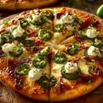 Delicious spicy jalapeno popper pizza topped with cream cheese and jalapenos