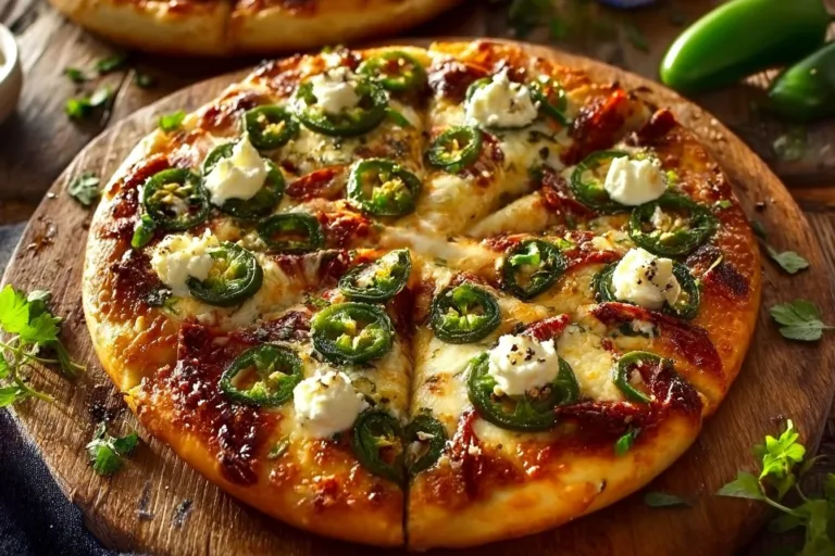 Delicious spicy jalapeno popper pizza topped with cream cheese and jalapenos
