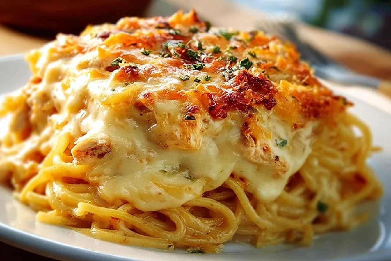 Spicy Southern Cheesy Chicken Spaghetti Casserole served in a baking dish