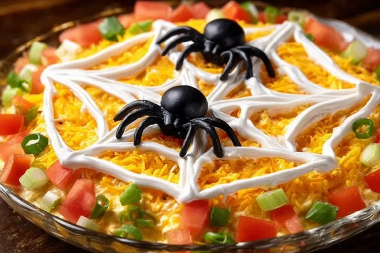 Spiderweb Seven-Layer Dip served in a dish with colorful layers and festive toppings.