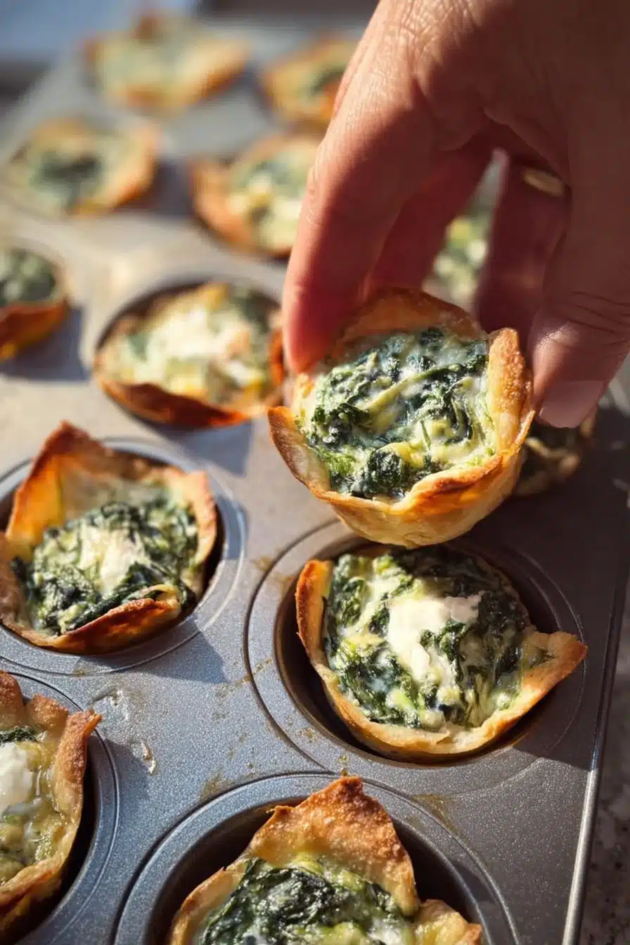 Spinach and artichoke wonton cups served as appetizers