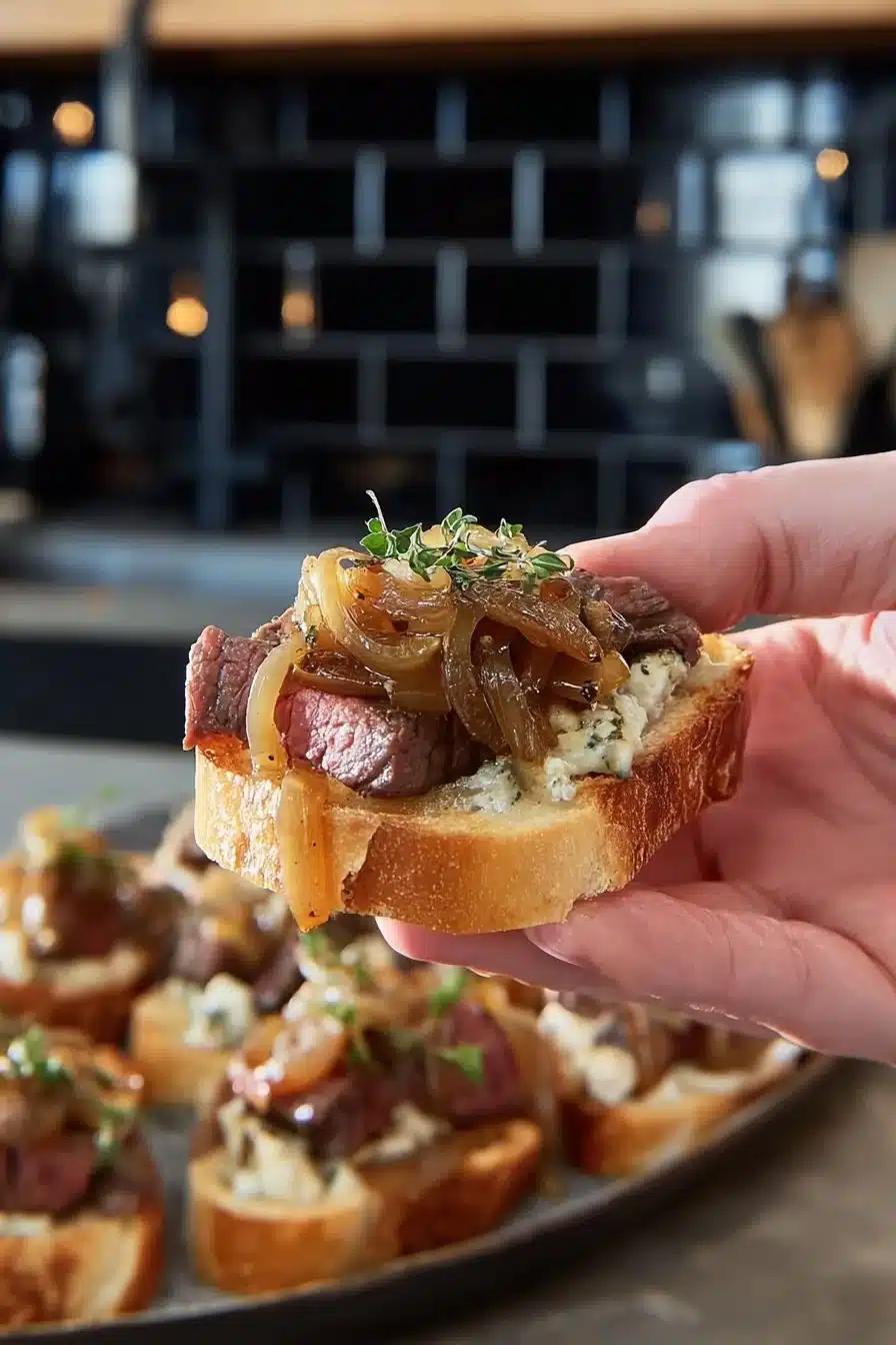 Steak Crostini with creamy horseradish sauce and caramelized onions on a platter