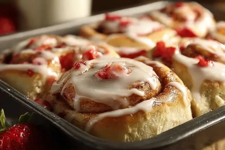 Homemade strawberry cheesecake cinnamon rolls with fresh strawberries and cream cheese frosting