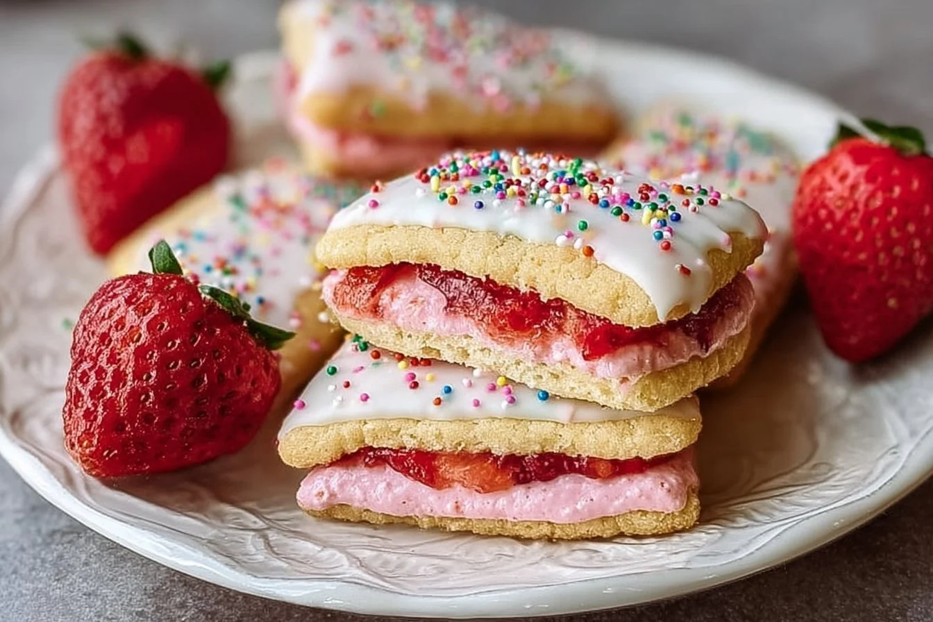 Strawberry Pop Tart sugar cookies with icing and sprinkles