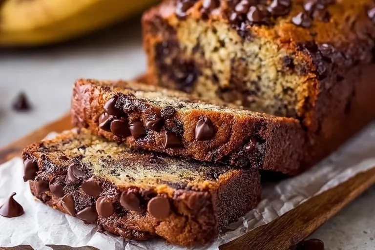 Super moist chocolate chip banana bread with chocolate chips and sliced bananas