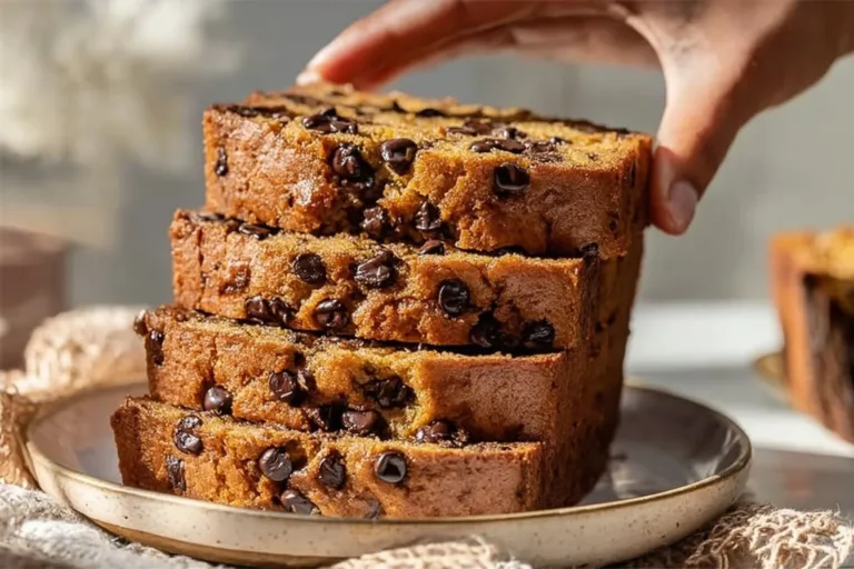 A loaf of super moist chocolate chip banana bread with chocolate chunks