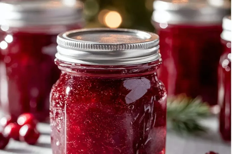Homemade Sweet Christmas Cranberry Jam in a glass jar with festive decorations