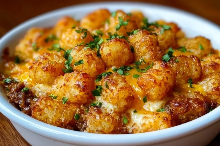 Tater Tot Casserole topped with golden crispy tater tots and ingredients in a baking dish