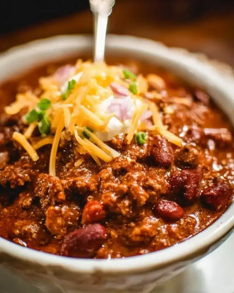 Delicious bowl of Texas Roadhouse chili topped with cheese and jalapeños