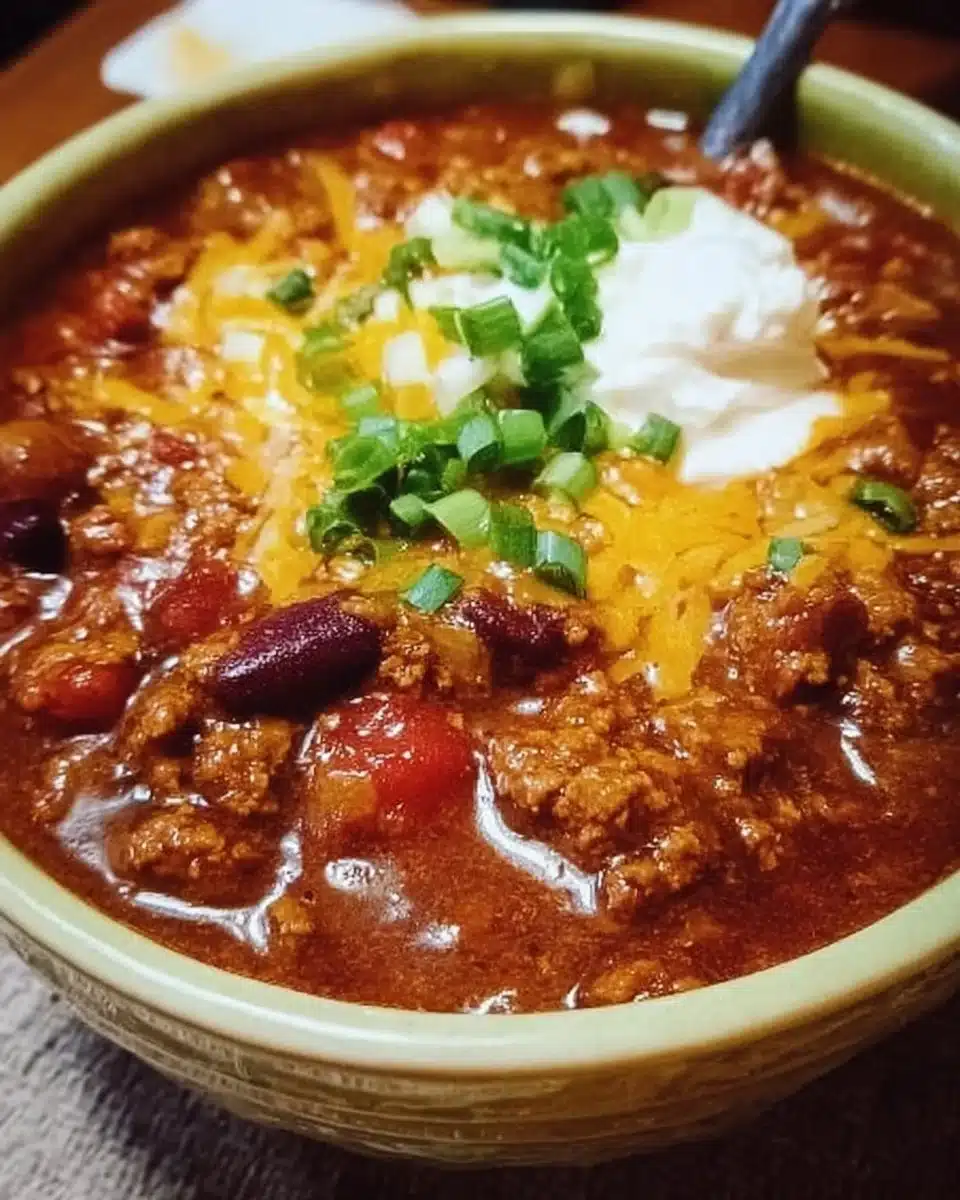 A bowl of The Pioneer Woman's hearty chili topped with fresh herbs
