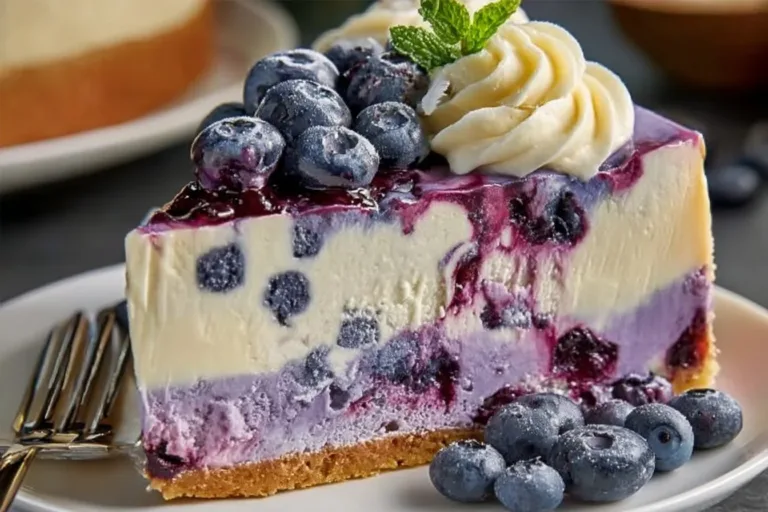 No-bake white chocolate blueberry cheesecake topped with fresh blueberries