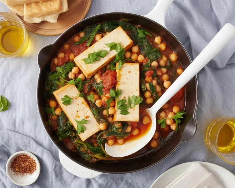 Baked Feta Chickpeas with tomatoes and Mediterranean spices in a baking dish.