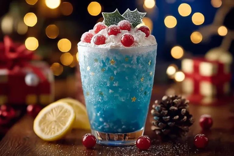 A festive Winter Wonderland Mocktail garnished with winter-themed decor.