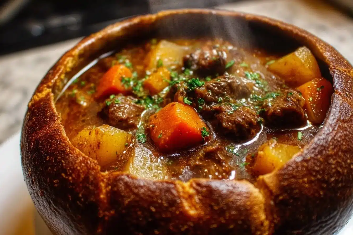 A bowl of Witch’s Cauldron Beef Stew with vegetables and aromatic herbs.