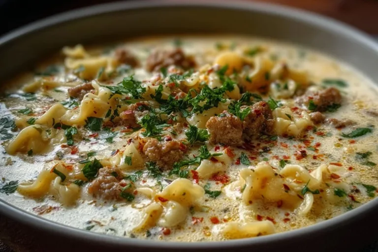 Bowl of creamy Alfredo Lasagna Soup garnished with herbs and cheese