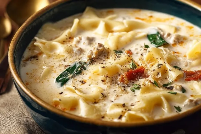 Delicious bowl of Alfredo Lasagna Soup with melted cheese and pasta