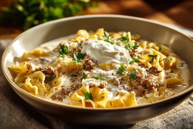 Bowl of creamy Alfredo Lasagna Soup with cheese and herbs