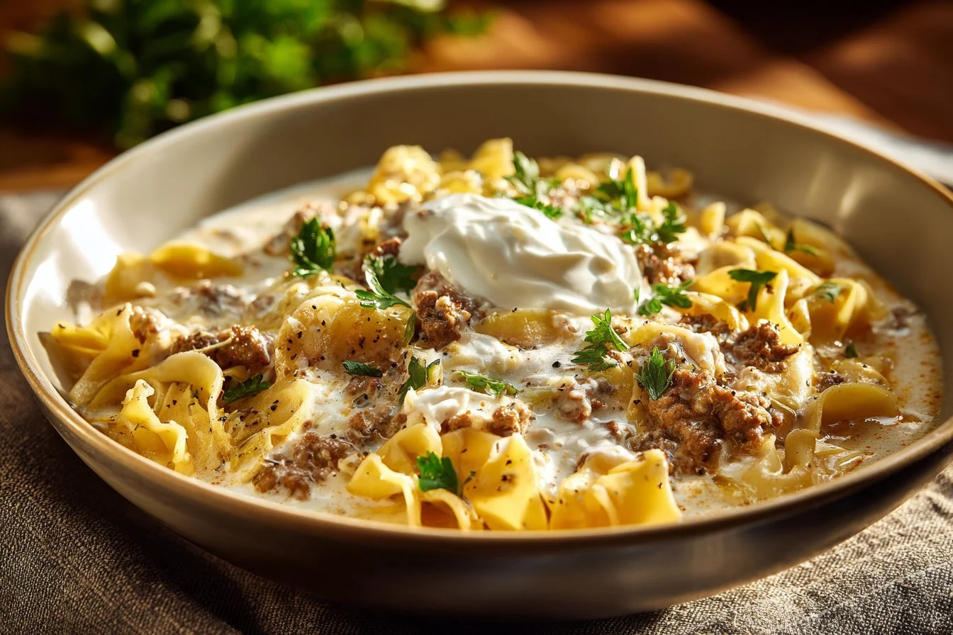 Bowl of creamy Alfredo Lasagna Soup with cheese and herbs