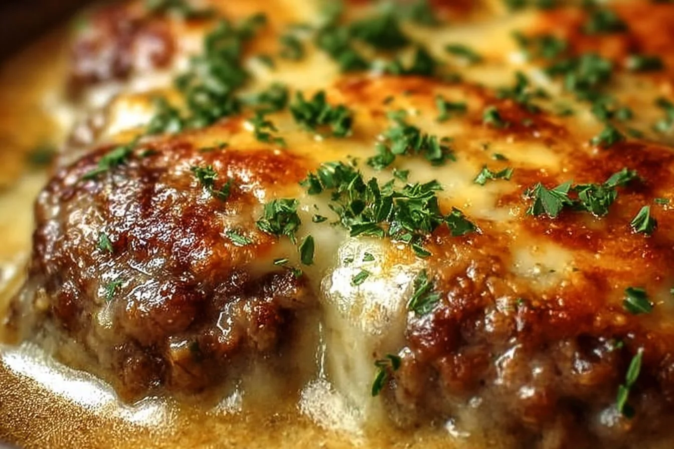 Amish Hamburger Steak Bake served on a plate with herbs and vegetables.