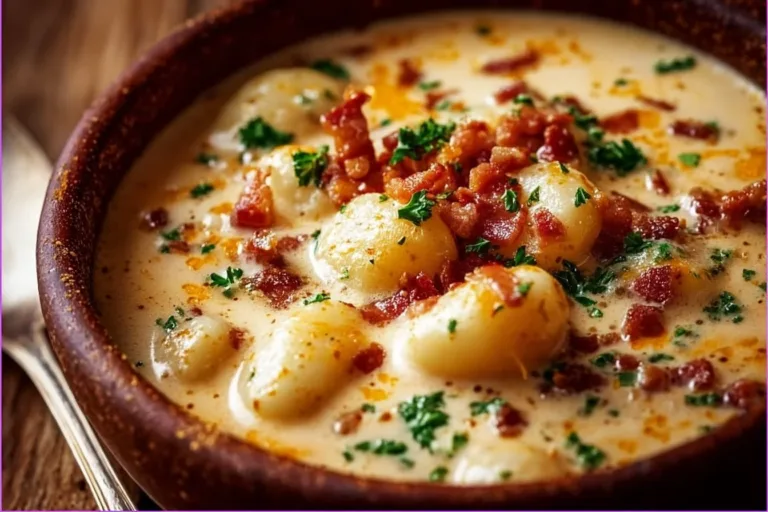 Bacon Cheddar Gnocchi Soup served in a bowl, featuring creamy broth and toppings.