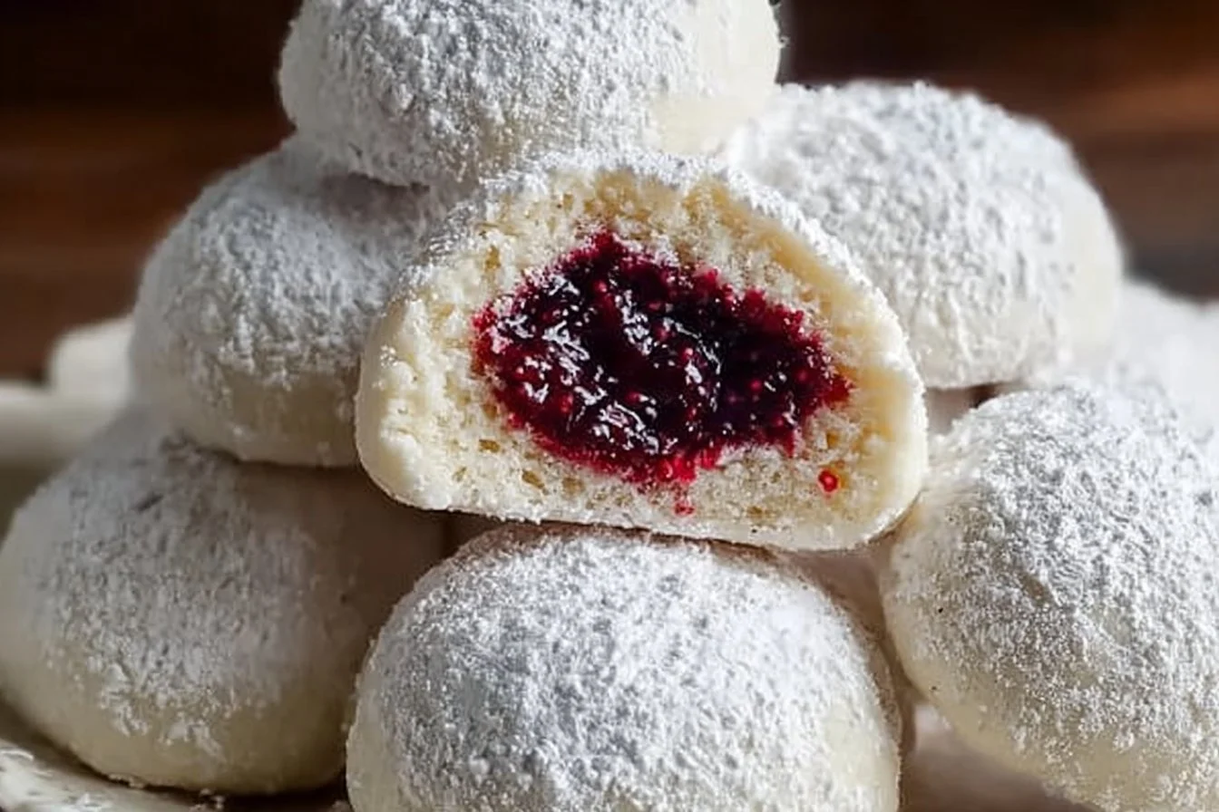 Best raspberry-filled almond snow cookies dusted with powdered sugar